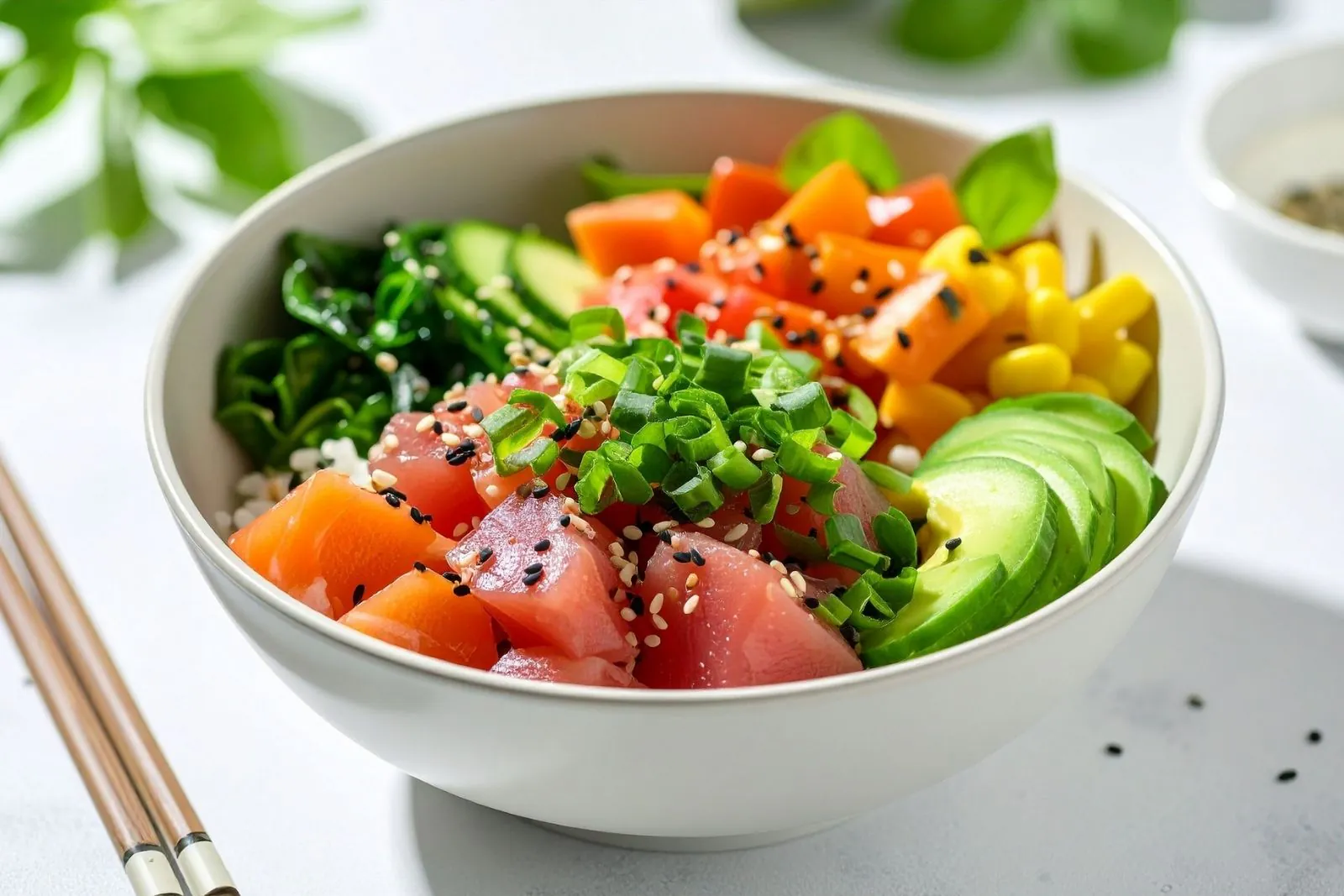 Poke bowl with salmon, tuna, avocado and edamame at Chop Asian Kitchen, a Asian Fusion Restaurant in Amityville