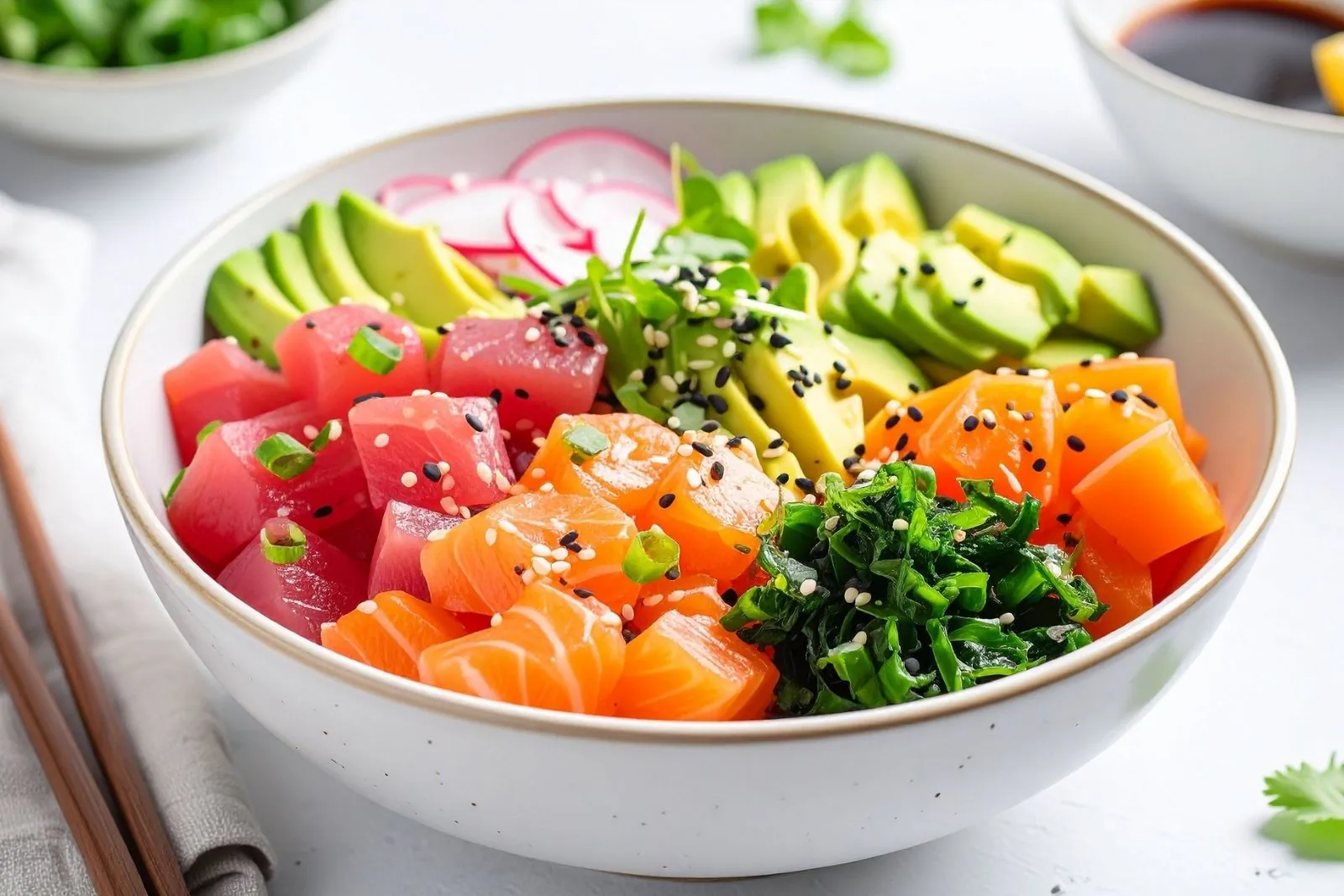 Poke bowl with tuna, salmon, avocado and radish at Chop Asian Kitchen, a Asian Fusion Restaurant in Amityville